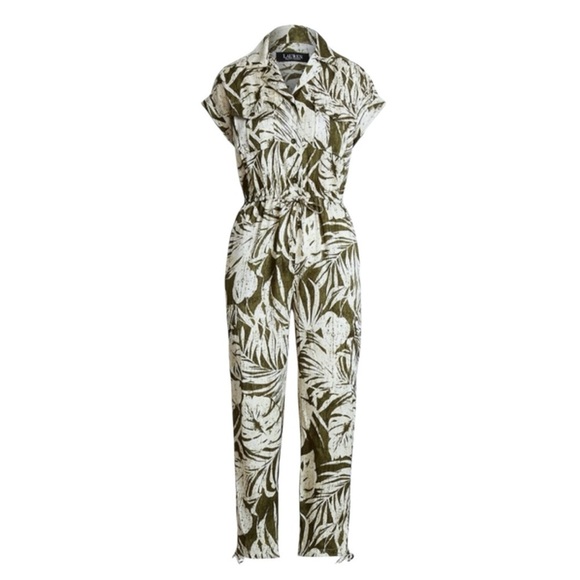 LAUREN RALPH LAUREN Safari Jumpsuit Palm Print Green/Cream Woman’s Size 16 NWOT - Picture 4 of 15